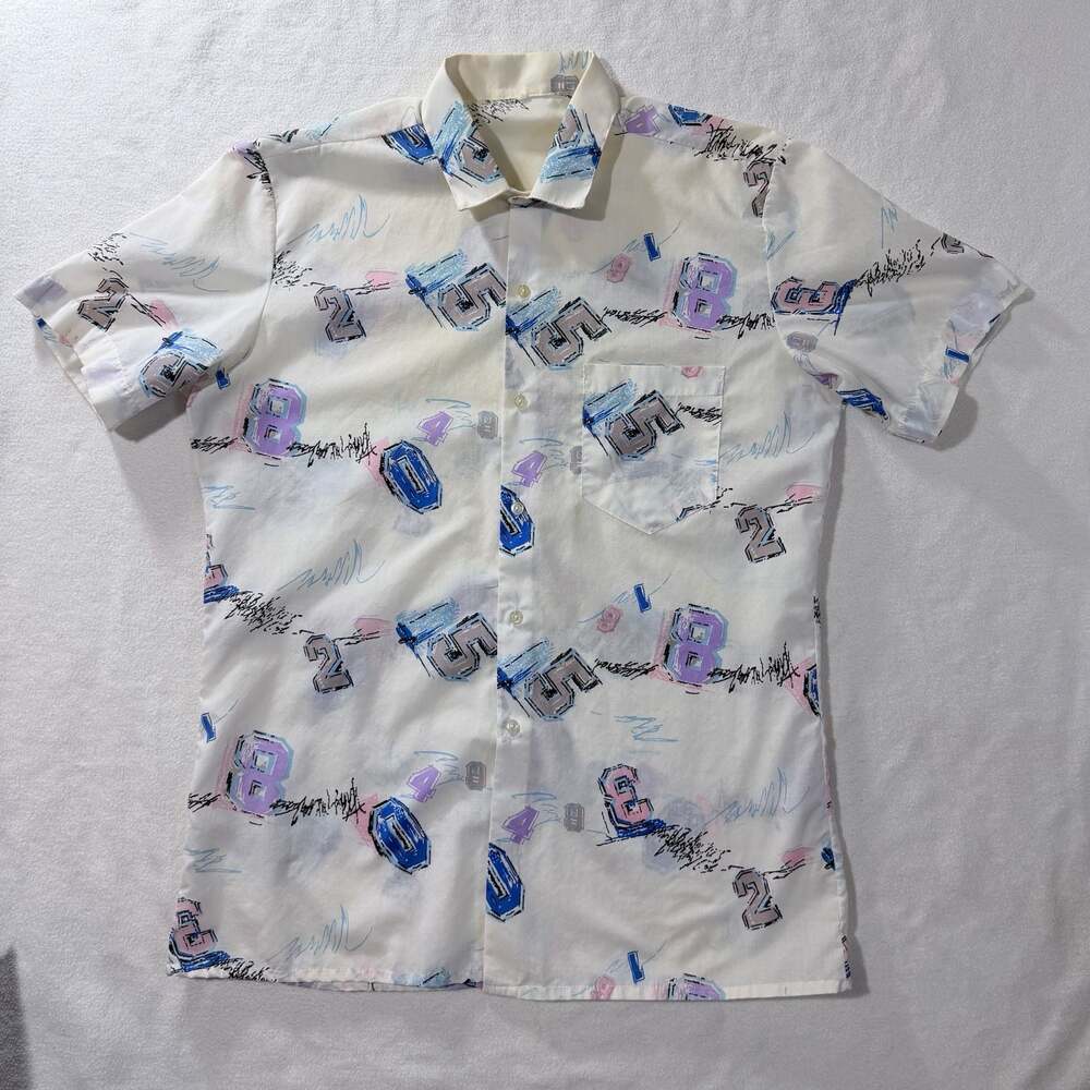 Vintage 80s 90s Retro Geometric Number Print Short Sleeve Unisex Button Up Shirt